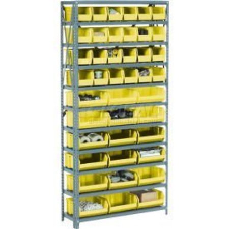 GLOBAL EQUIPMENT Steel Open Shelving - 28 YL 8-1/4x10-3/4x7 Stacking Bins 8 Shelves 36x12x73 506204YL